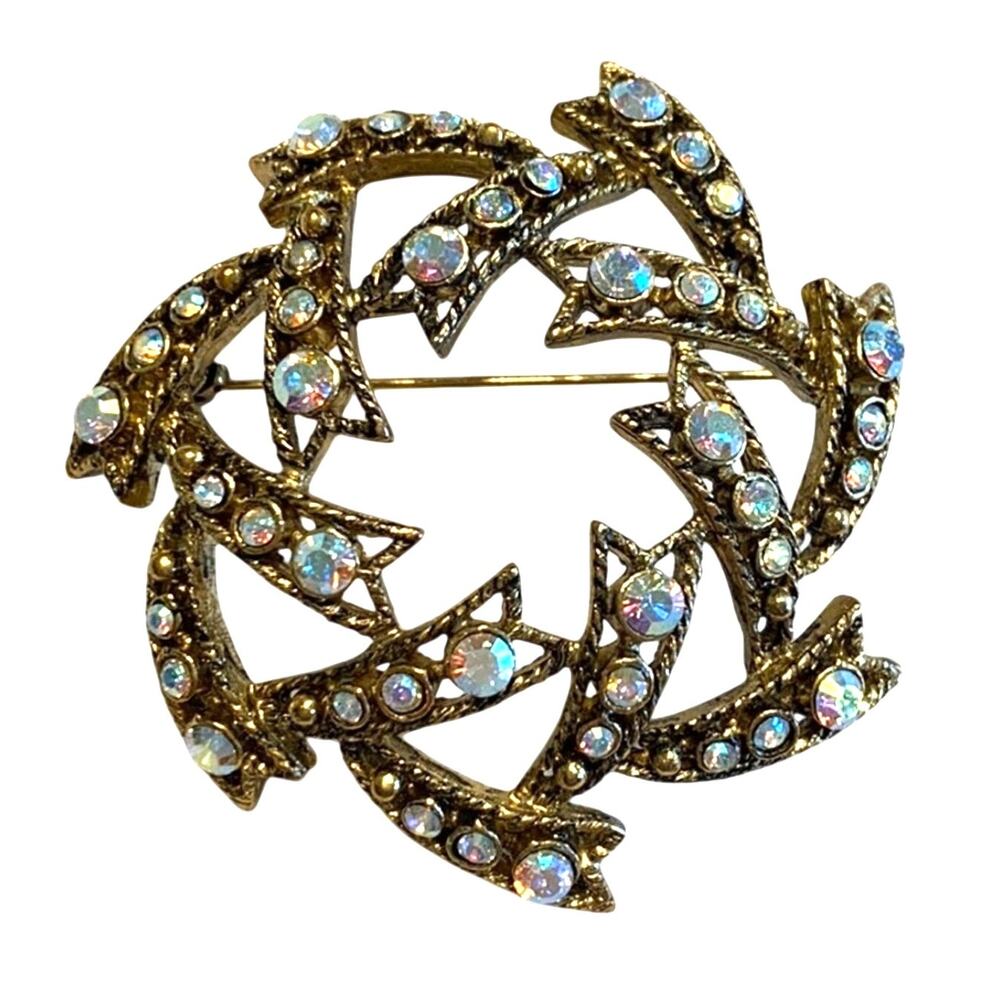 Vintage mid century brooch statement jewelry goldtone & AB rhinestones Brutalist